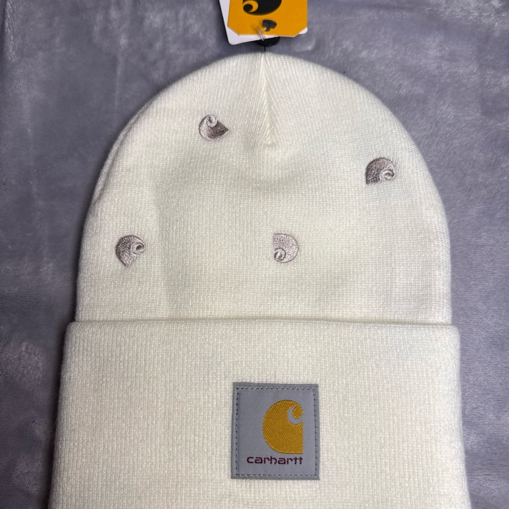 Carhartt Women’s Embroidered Logo Knit Beanie White With little Carhartt logos